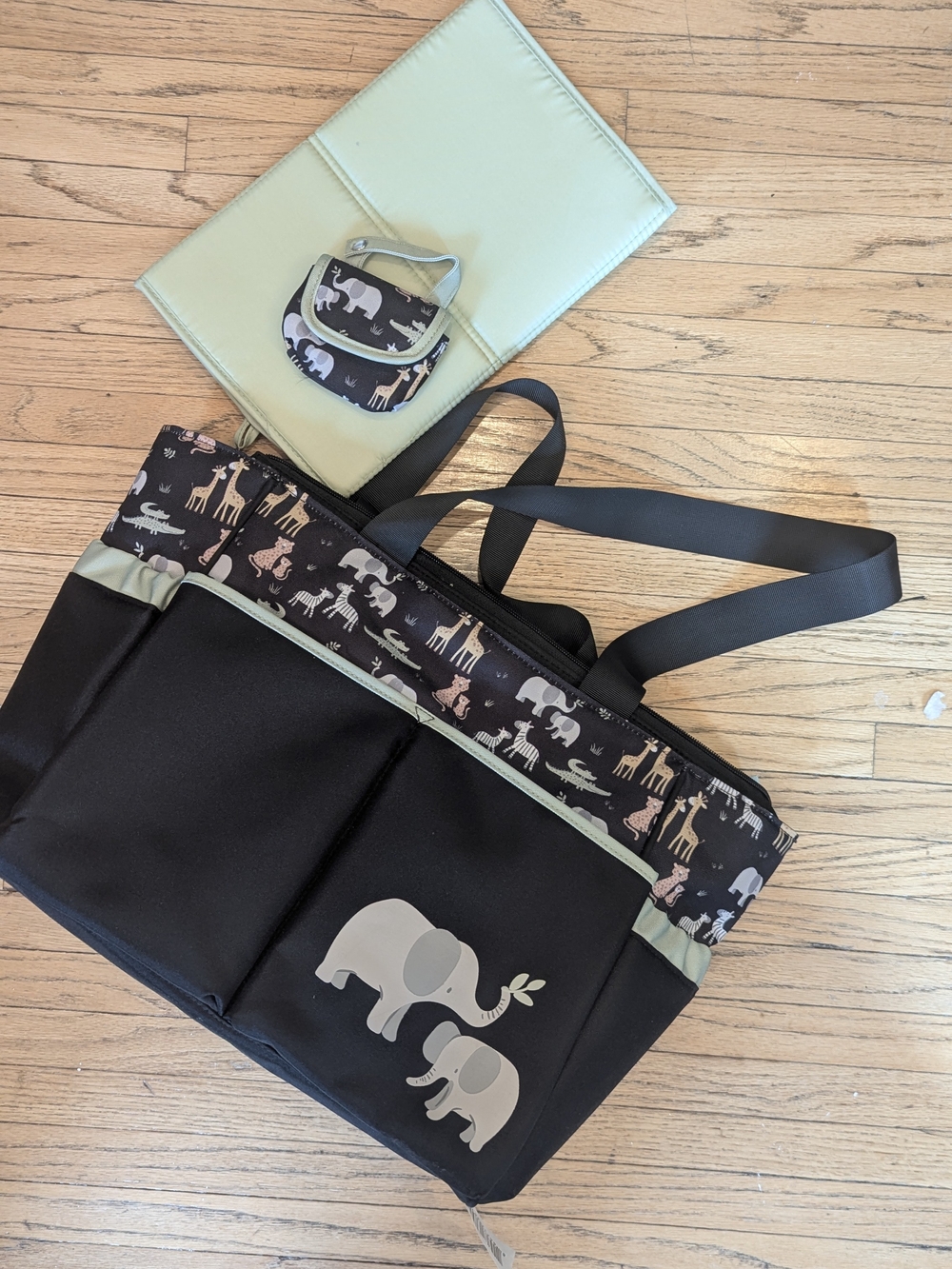 3 Piece Diaper Bag Black and Mint Elephant Print
